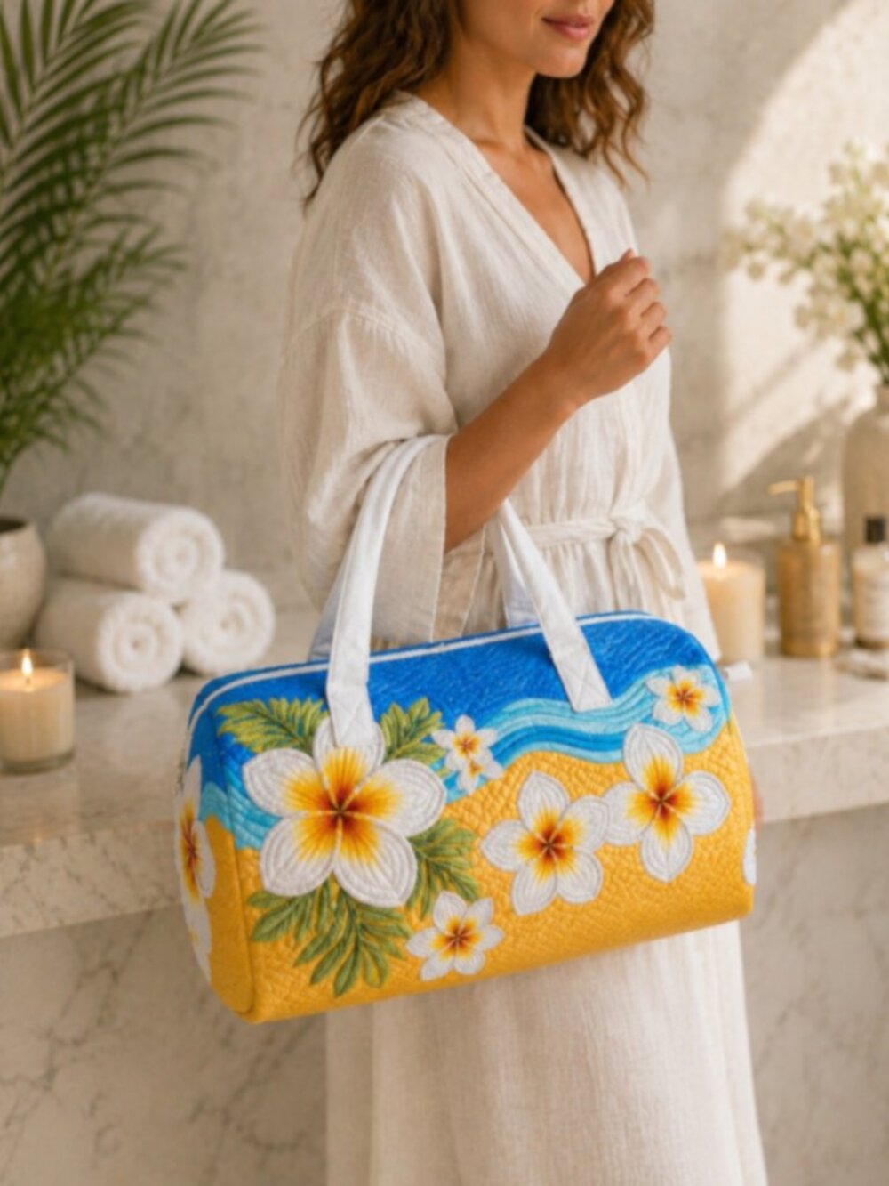 Tropical Plumeria Weekender Travel Bag Boho Floral Duffel Tote - Picture 3 of 5
